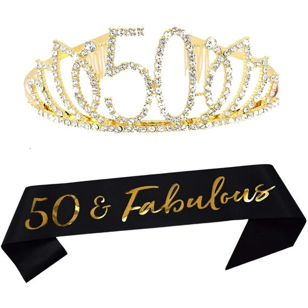 50th Birthday Tiara and Sash 50 & Fabulous Black Glitter Satin Sash and Crystal Tiara Birthday Crown for 50th Birthday Party Supplies and Decorations Happy 50th Birthday Party Supplies Gold 